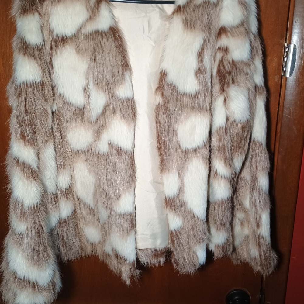 Decree Faux Fur Pea Coat in Cream and Brown